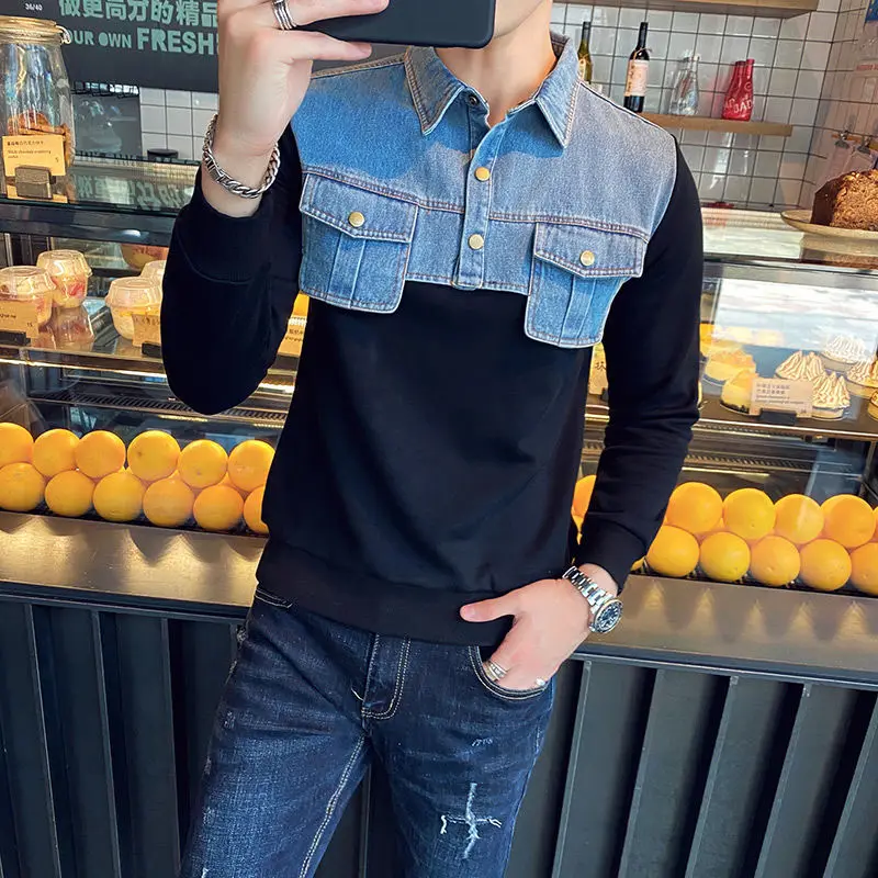 Autumn Men's Hoodies British Sudaderas Hombre Streetwear Korean Style Solid Color Slim Fit Stitching Denim Trendy Men Sweatshirt | Мужская