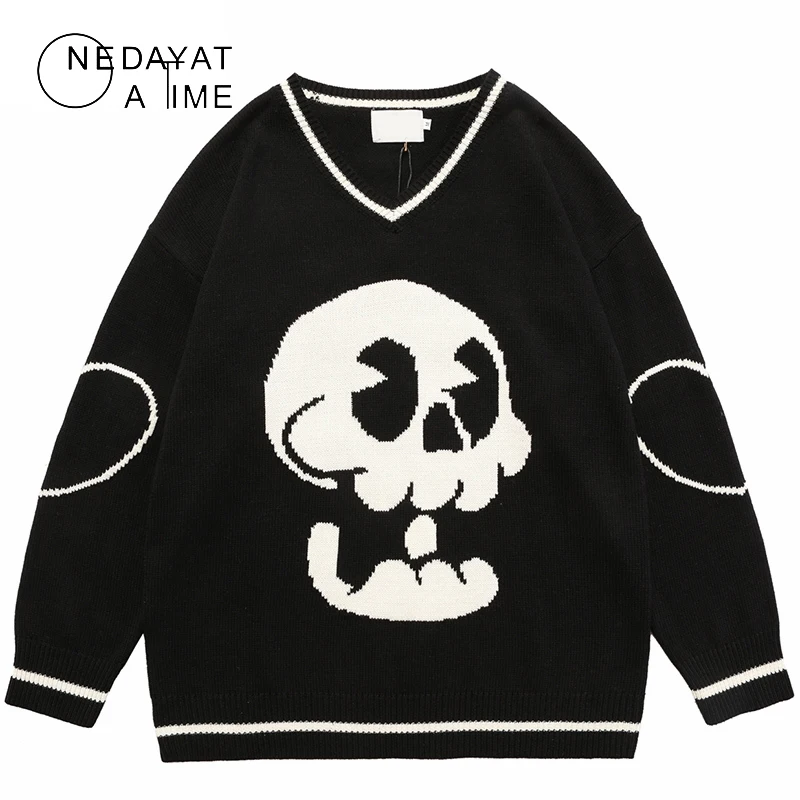

Harajuku Streetwear Skull Letter Print Sweaters Knitted Loose Jumpers Sweater Hip Hop Fashion Knitwear Men Punk Casual Tops 2021