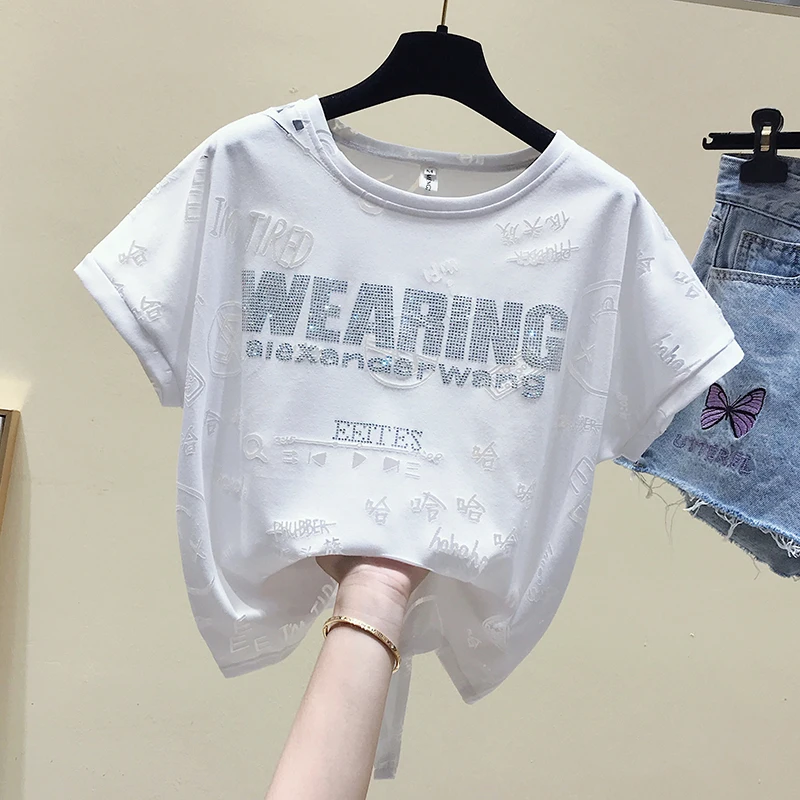 

Fashion Rhinestone T-shirt Women 2021 New Summer T Shirt Cute Lace-up Loose Leisure Pullover Short-Sleeved Top Lady Graphic Tees