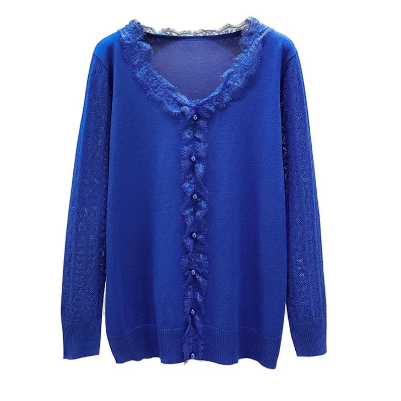 

Nkandby Plus Size Fall Knitted Sweaters 2021 Large Knitwear Lace Trim V-neck Pullover Jumpers Hollow Out Long Sleeve Chic Tops