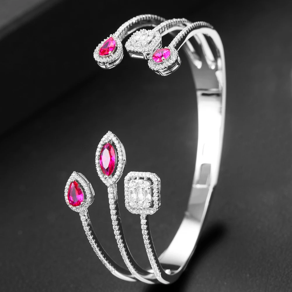 Hot Pink GODKI модный роскошный 3 в 1 Стекируемый Браслет манжета для женщин Свадебные с кубическим Цирконом Кристалл CZ Дубай Серебряный Браслет вечерние ювелирные изделия - Окраска металла: Hot Pink