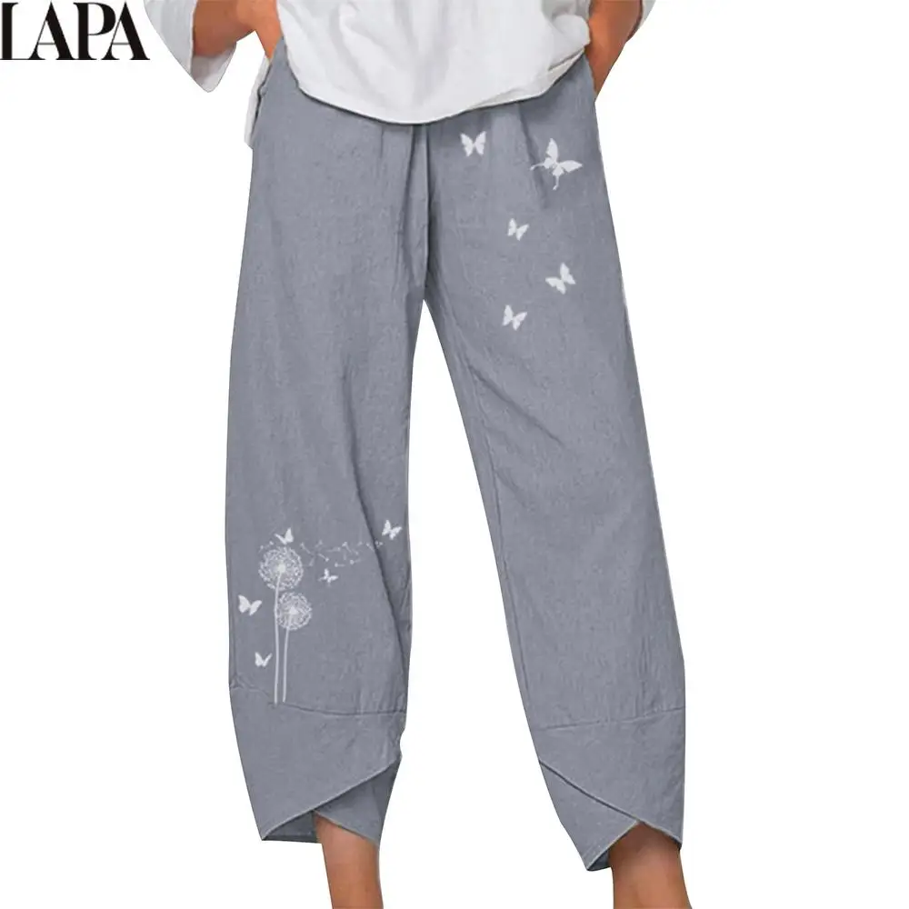

Women Dandelion Butterfly Print Linen Trousers Casual Loose Ankle-Length Pants Fashionable Mid Waist Straight Pockets Slacks