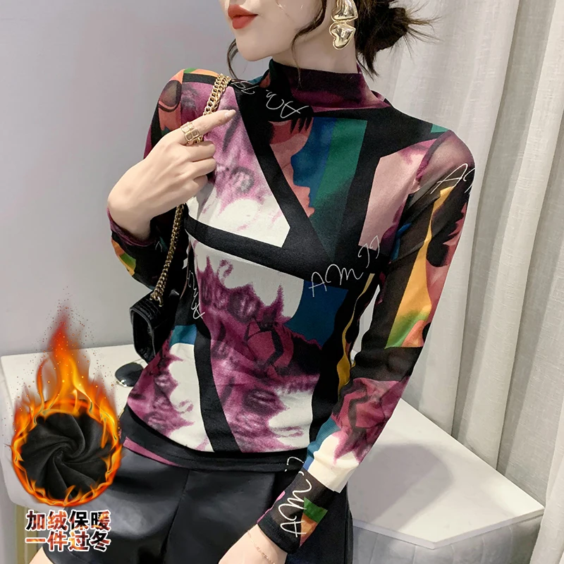 

Fall Winter European Style Mesh T-Shirt Chic Sexy Mock Neck Print Elastic Women Tops With Fleece Lady New Tees
