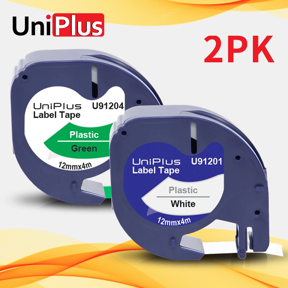 

UniPlus 2PK 91201 91204 Fit Dymo LT Label Tapes 91331 91334 Black on White Green Sticker 12mm for DYMO Label Maker 91221 91224