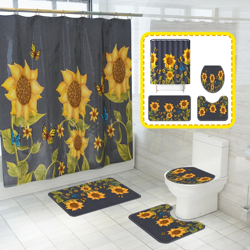 

Sunflower Flower Butterfly Printed Shower Curtains Non-slip Bath Mats Carpet Bathroom Set Waterproof Bath Curtain Home Decor