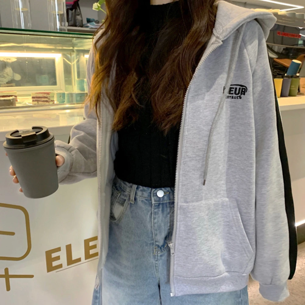 

Long sleeve for Women Oversized Jacket Women Zipper Loose Sweatshirt Spring and Fall Korean for Teen Grey Female Hoodie 2021 New