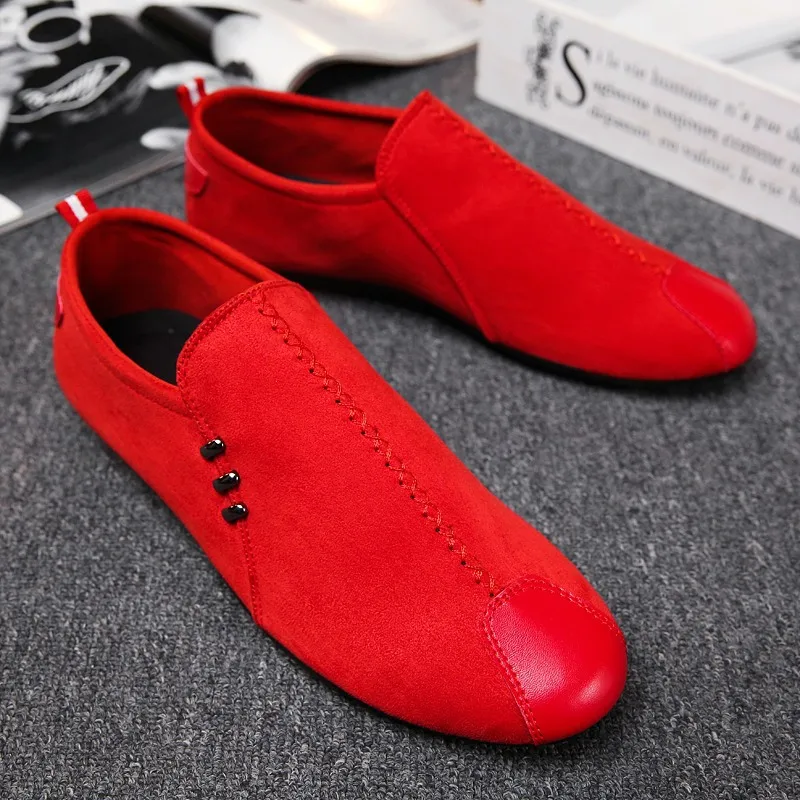 Мокасины мужские красные свадебные лоферы Лоскутные искусственная замша