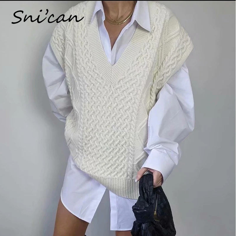 

Snican White V Neck Sweater Za 2021 Women Vintage Pullover Ladies Tops Jumper Mujer Casual Outwear Designer Femme Chandails Pull