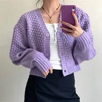 new 2022 female autumn purple v neck single breasted cardigan sweater winter long sleeve chic knitting minimalism short sweater