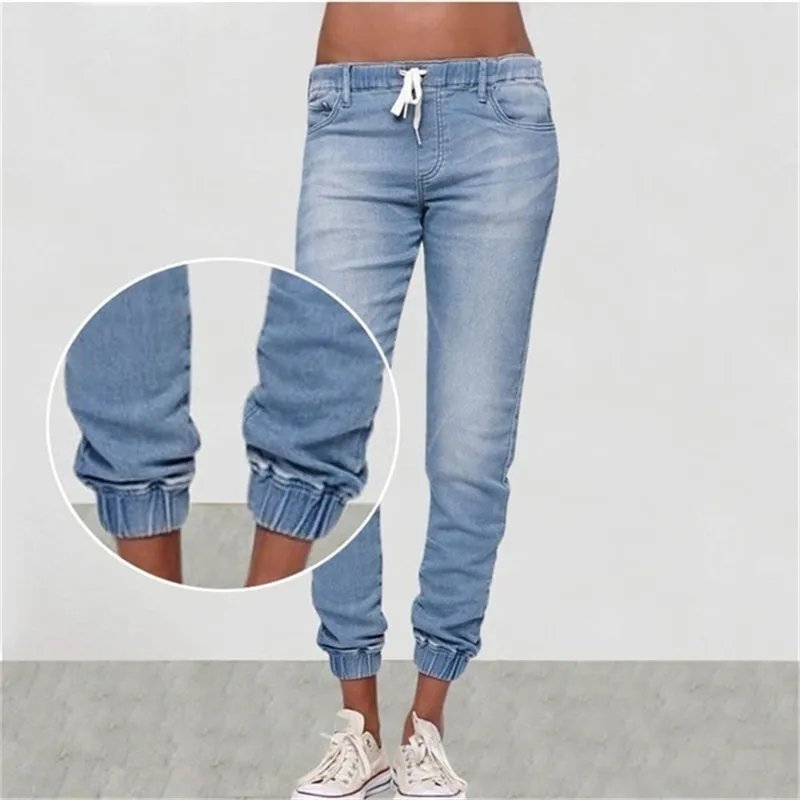 Женские джинсы со шнуровкой размера плюс на осень, повседневные свободные длинные джинсы с эластичной резинкой на талии, большие размеры, д... от AliExpress WW