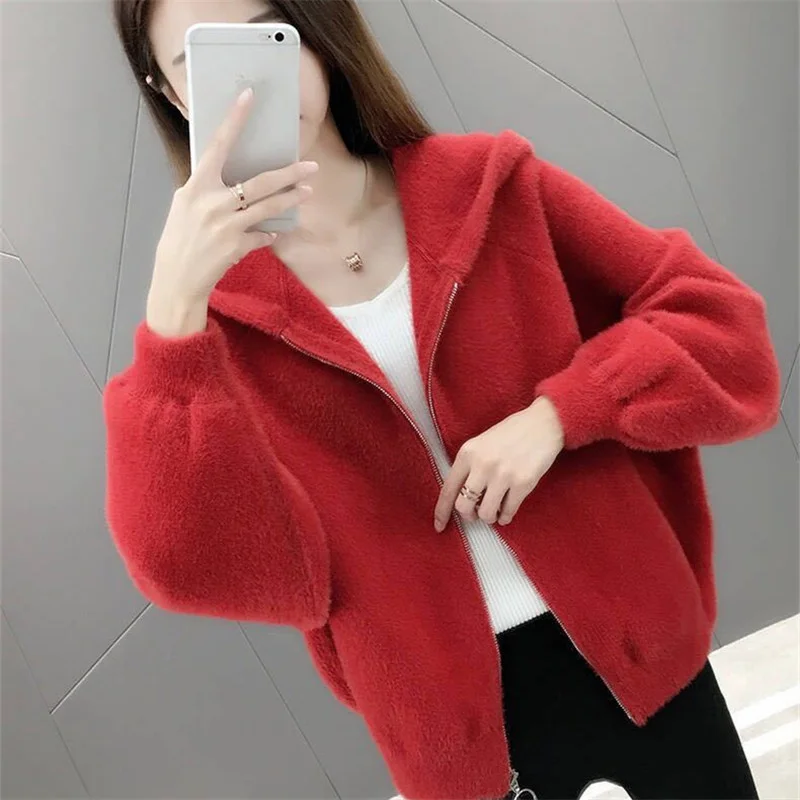 

Autumn Winter Hooded Faux Mink Cashmere Sweater Women Outwear Loose Short Zipper Cardigan Korean 5 Color Knit Jacket Coat Female
