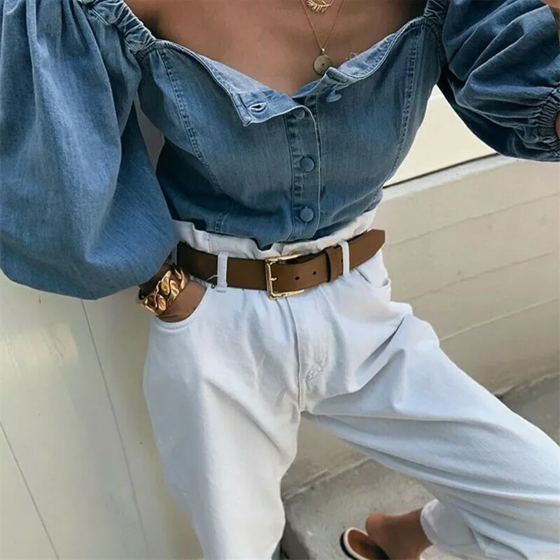 Футболка женская джинсовая с открытыми плечами пикантный Повседневный