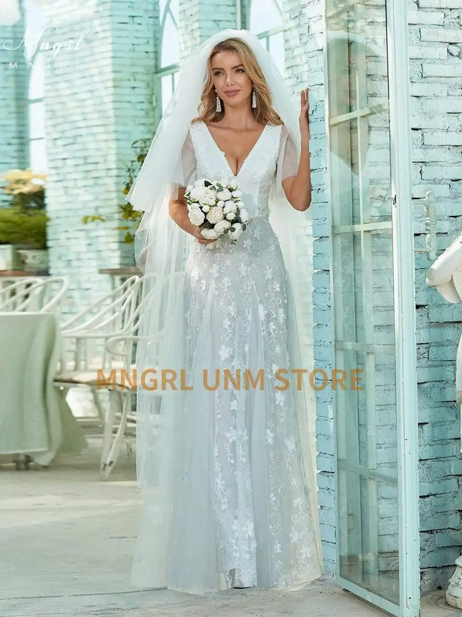 

MNGRLSimple White Wedding Dress Floor-Length chiffon 3D Flower V-neck Flare Sleeve Plus Size Bridal Dresses 2021