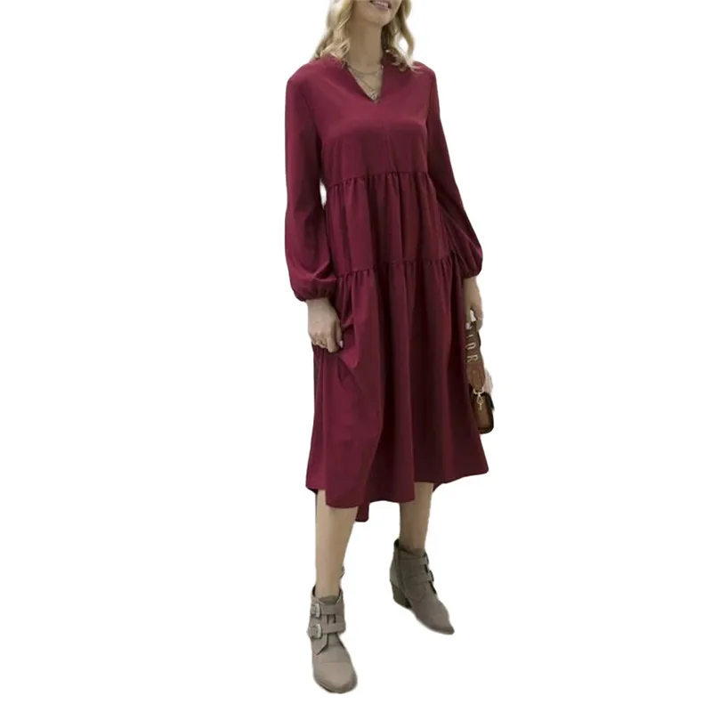 Женский свободный сарафан с V образным вырезом однотонный бордовый длинный