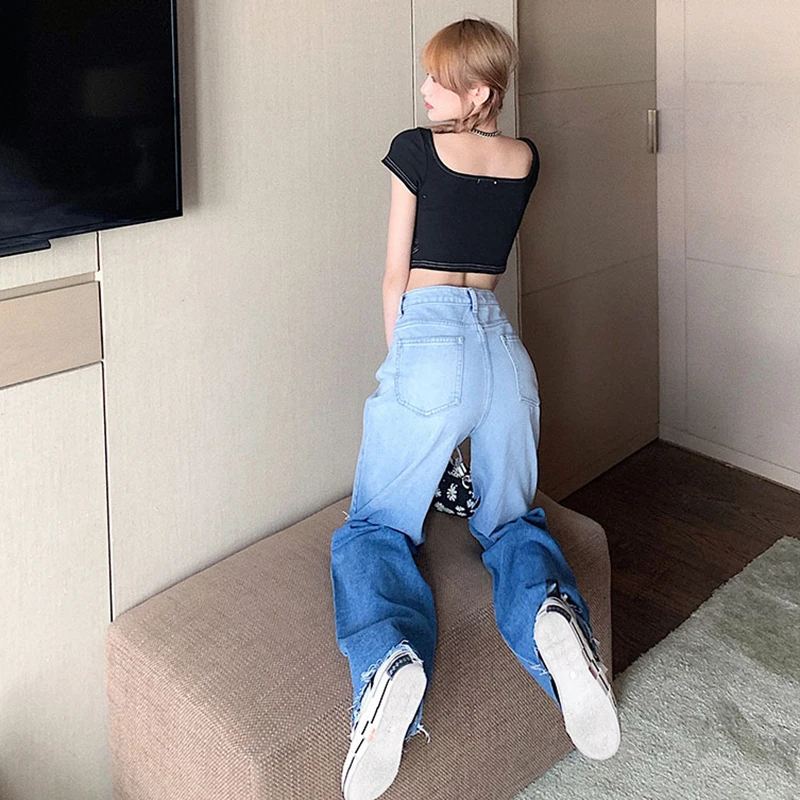 

CHICEVER Blue Loose Denim Trousers For Women High Waist Hole Designer Straight Wide Leg Pants 2021 Spring Fashion Streetwear New