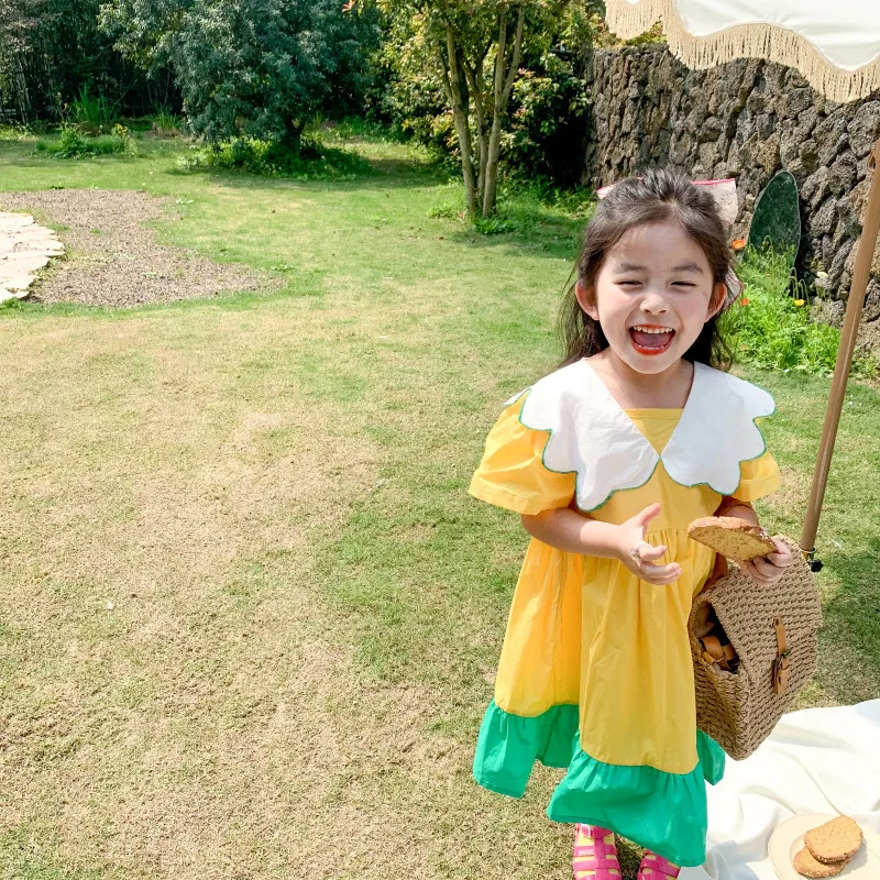 

Girls Doll Collar Shawl Dress 2021 Summer New Baby Girls Short Sleeve Cotton Solid Color Fashion Princess Dresses