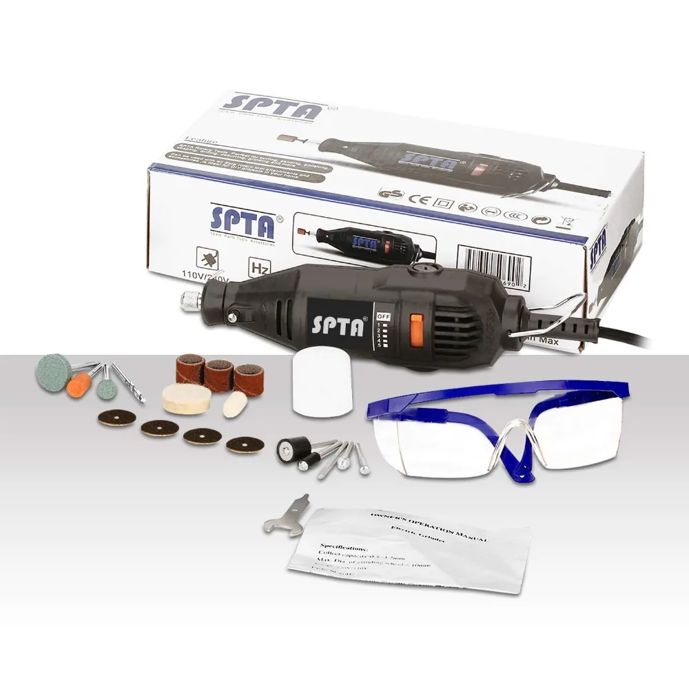 SPTA 110V 130W Variable Speed Electric Dremel Rotary Tool Mini Drill+ Safety Glasses+ 15Pcs Accessories for Cutting Grinding