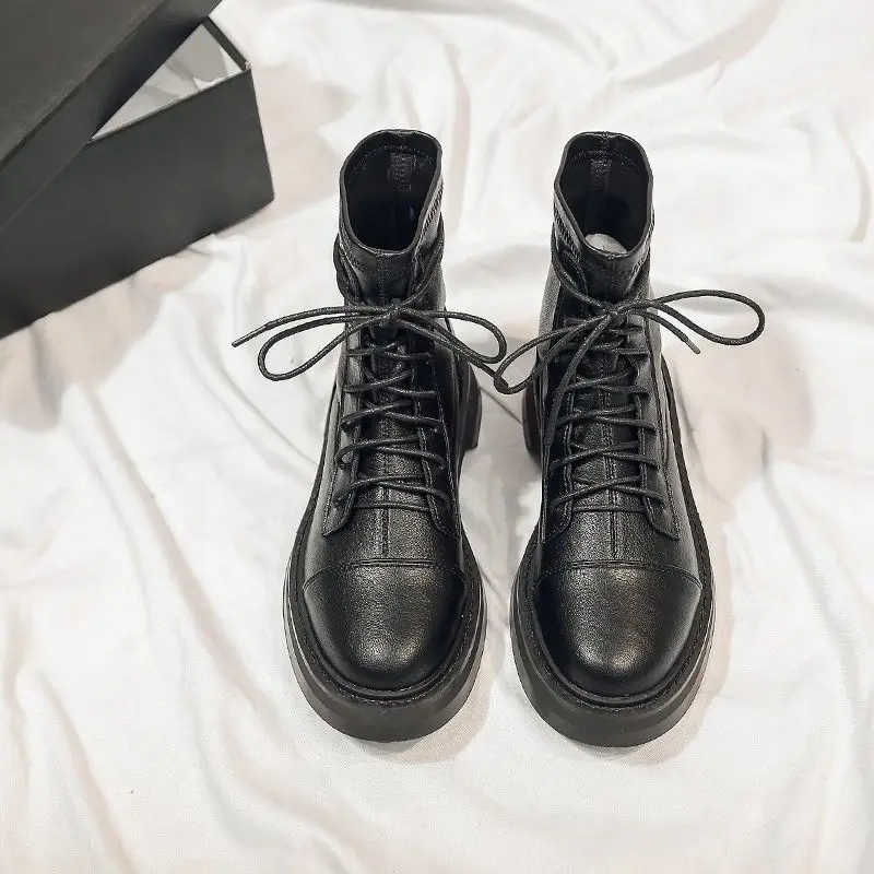 

2021 Woman Boots Autumn Shoes Women's Lace Black Versatile Chunky-Heel Short Boots Pu High Quality Fashion Winter Boots