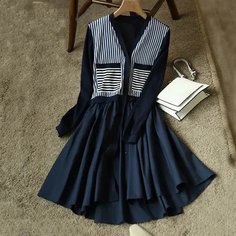 

Женское Трикотажное Платье До Колена, повседневное синее платье составного кроя в полоску, с длинным рукавом, осень 2021