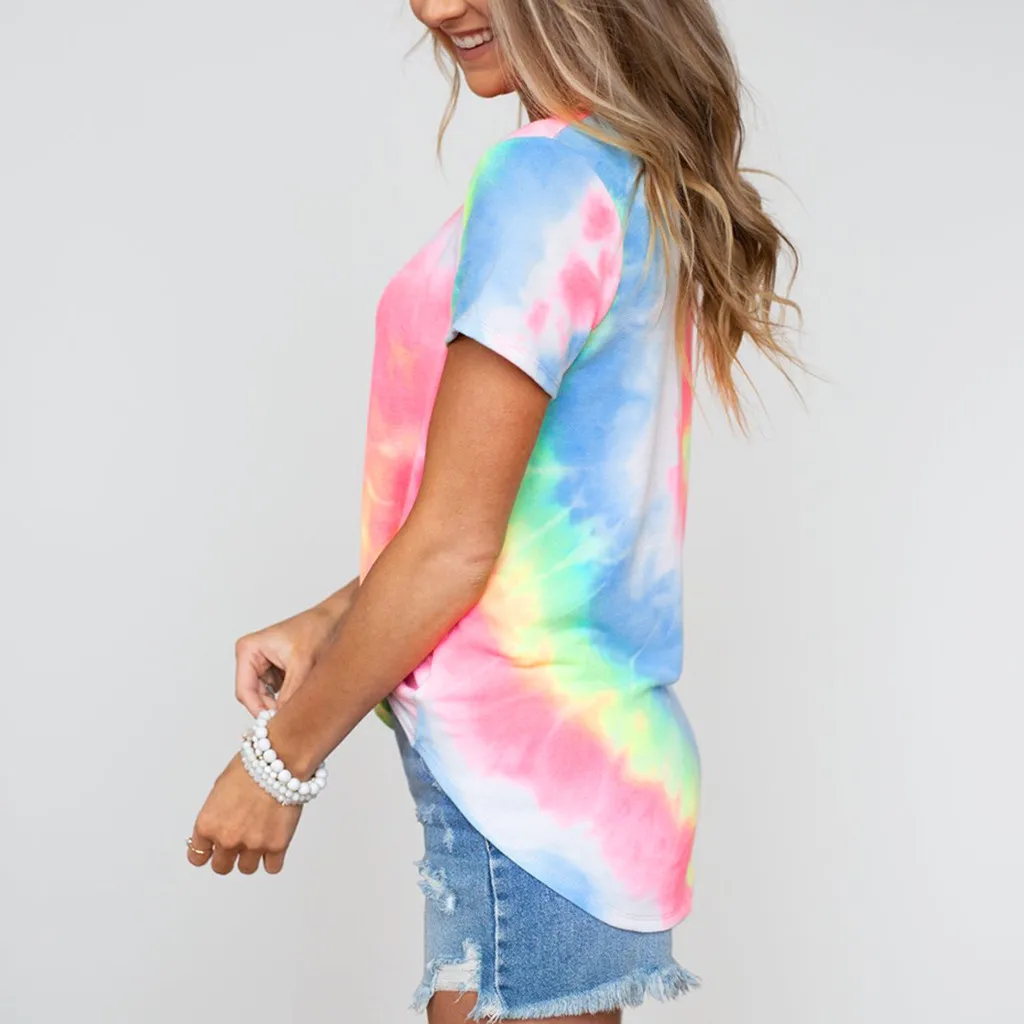 Tie Dye женская футболка лето футболки туники с коротким рукавом сексуальная V