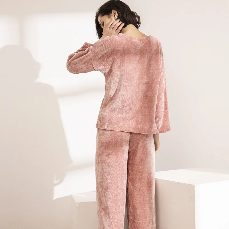 

Round-Neck Sleepwear Solid Color Winter Women Pajamas Sets Ladies Simple Style Long Sleeve Suit Femme Comfortable Soft Homewear