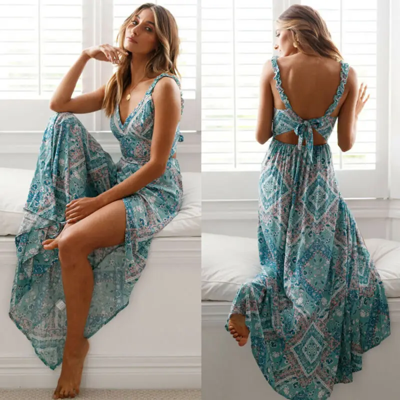 

Beautiful Long Boho Maxi Dress Summer Strappy V Neck Bandage Sleeveless