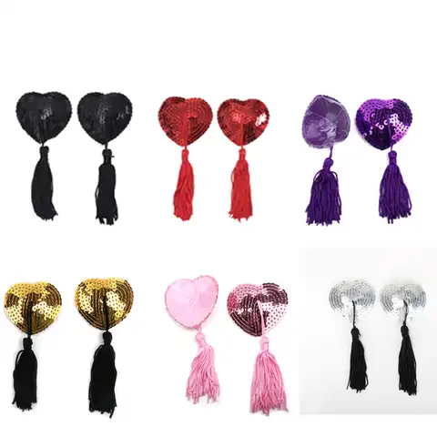 Hot 1 Pair Sexy Pasties Stickers Women Lingerie Sequin Tassel Breast Bra Nipple Cover Heart Shape Sex Product Chest Stickers
