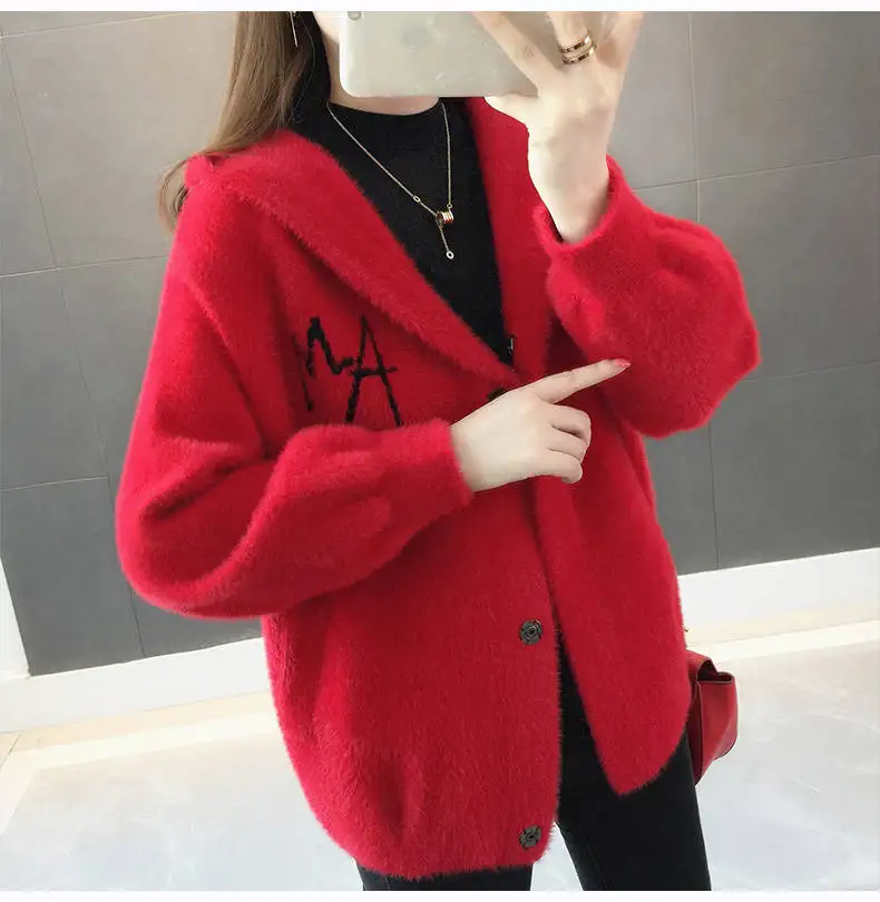 Women Mink Fur Jacket Autumn Winter Women Coat Loose Embroidered Thick Velvet Hooded Sweater Female Cardigan