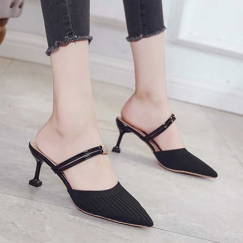Вязаная эластичная сеточная подкладка Обувь на высоком каблуке 2019 Весенне