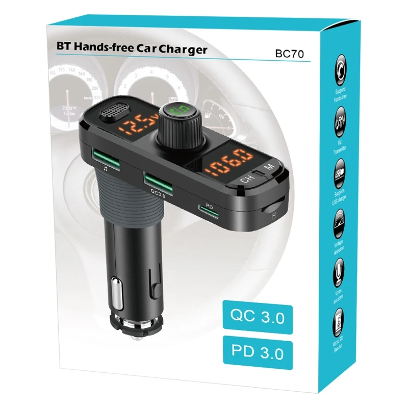 

Car FM transmitter Bluetooth Wireless Handsfree Car Kit 5.0 QC3.0 PD18W Quick Charger U Disk Music Player Dual LCD Display