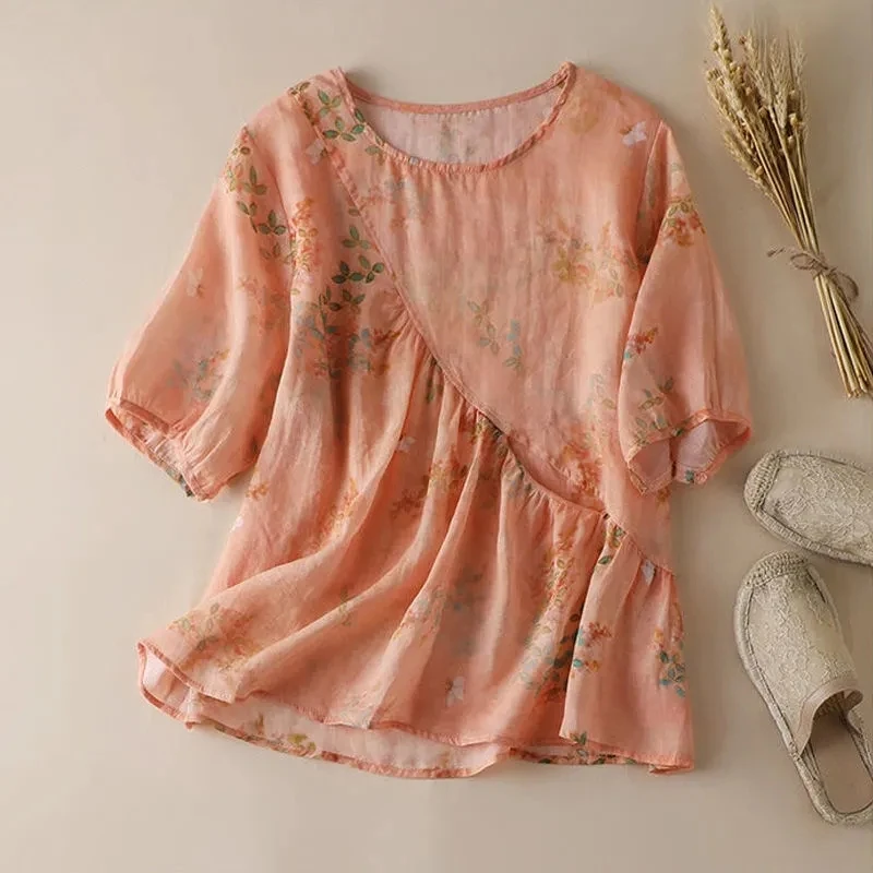 

Summer 2021 New Women Lantern Short Sleeve Flower Pritned Pattern Linen Top Blouse , Woman Folds Floral Blouses and Tops