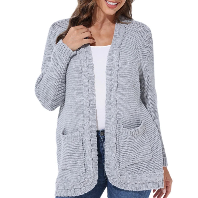 

Однотонный кардиган, женский модный Свободный кардиган, свитеры, новый осенний свободный свитер с карманами, трикотажная одежда с длинным р...