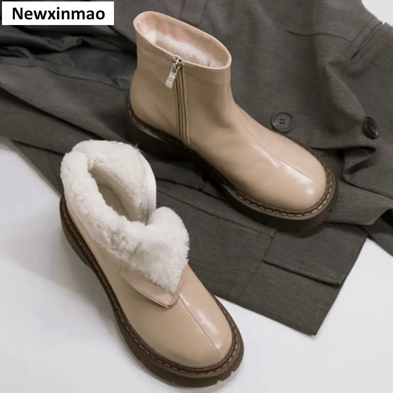 

Outdoor Warm Casual Women Ankle Boots Autumn Winter Fur Fashion Shoes Woman Platforms Wool Genuine Leather Snow Boots