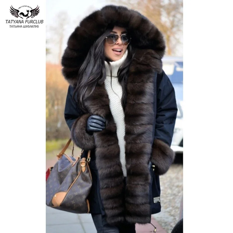 Tatyana Furclub New Winter Women Parkas With Natural Fox Fur Collar Thick Warm Coat Black Long Fur Jacket Casual Parka Outwear