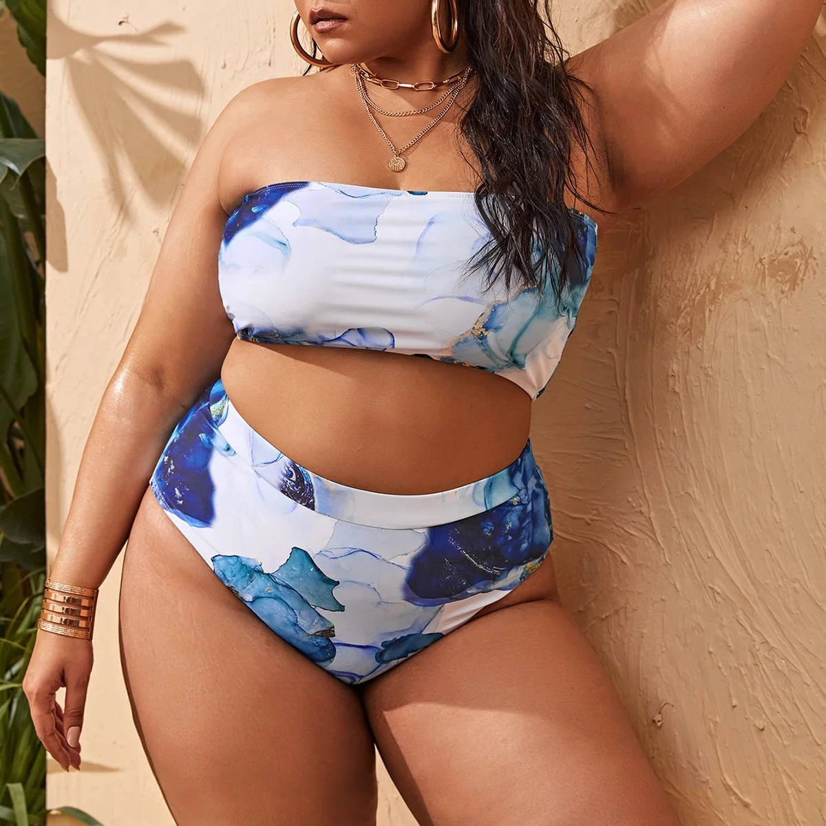 

Vintage Tie Dye Print Women 2 piece Set Plus Size Bikini Big Cup Bandeau Swimwear Bathing Suit Large Size High Waist Swimsuits