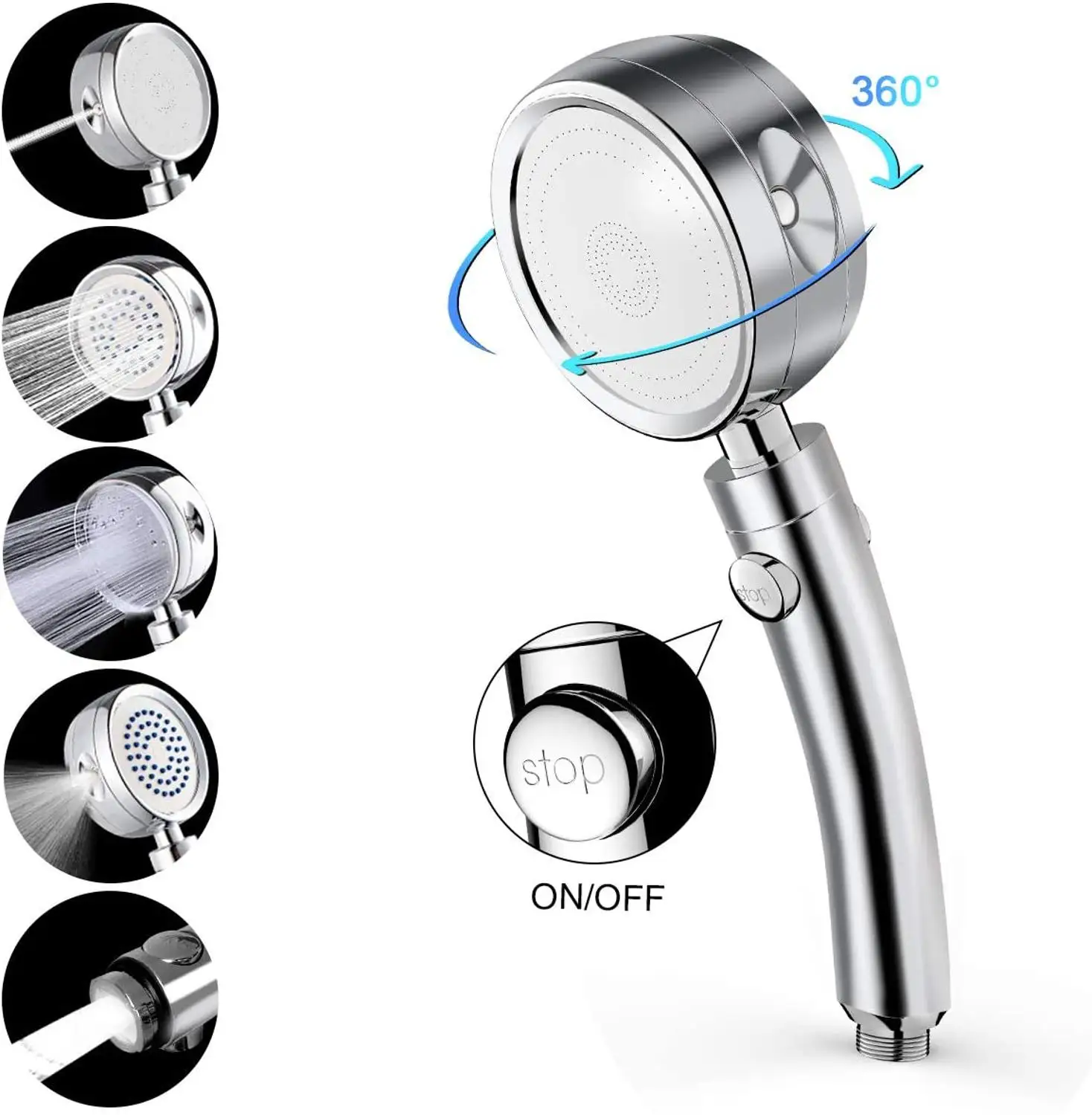

Handheld Shower Head High Pressure 5 Function Adjustable Bath Shower Jets with On/Off Pause Switch Removable Filter with Hose