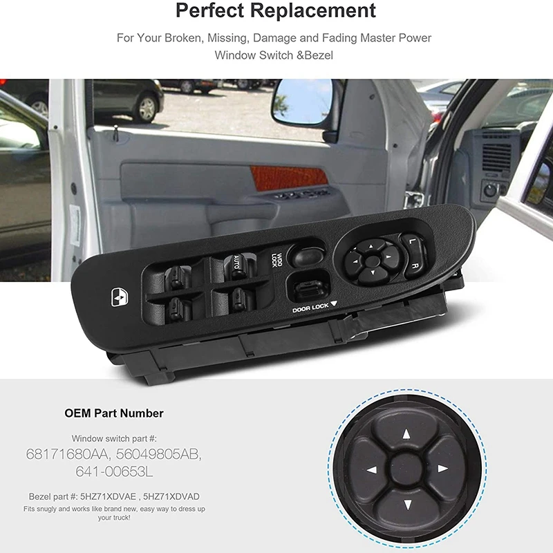 

NewMaster Power Window Switch and Bezel, Driver Passenger Window Switch Bezel for 2002-2010 Dodge Ram 1500/2500/3500