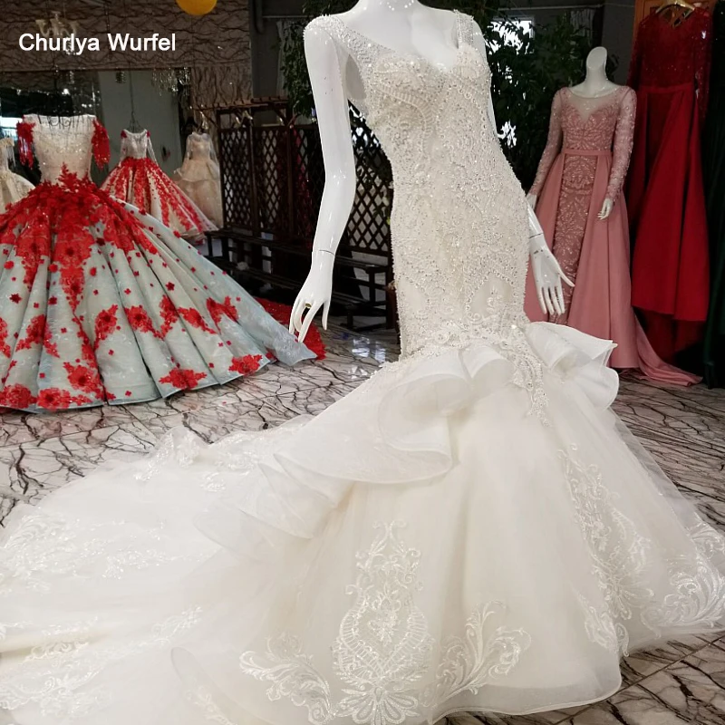LS39458 luxury mermaid wedding dress 2018 v-neck cap sleeve lace up illusion fashion back for with long train | Свадьбы и торжества