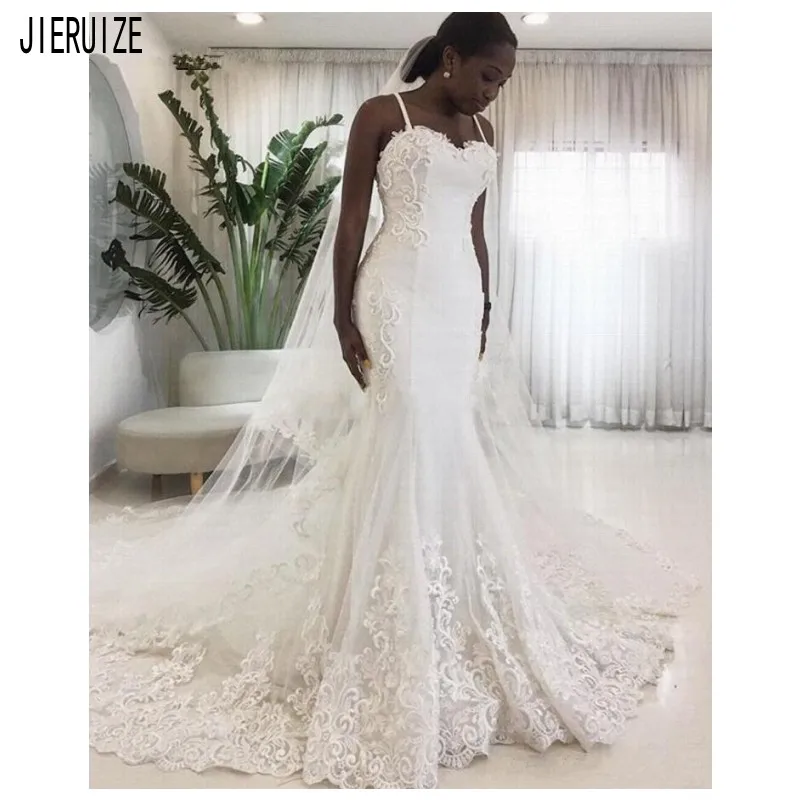 

JIERUIZE African Mermaid Wedding Dresses Spaghetti Straps Lace Appliques Criss-Cross Back Long Wedding Gowns vestido de noiva