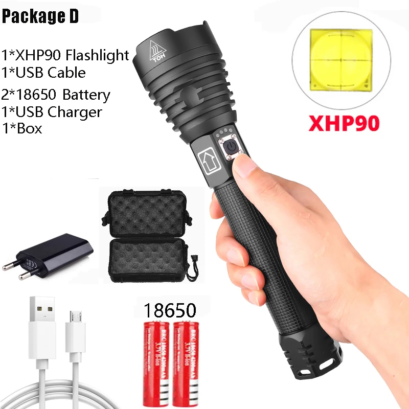 Package D XHP90 самый мощный светодиодный фонарик XLamp 18650 Zoom Torch USB Перезаряжаемый водонепроницаемый тактический фонарь Кемпинг Охота лампа - Испускаемый цвет: Package D