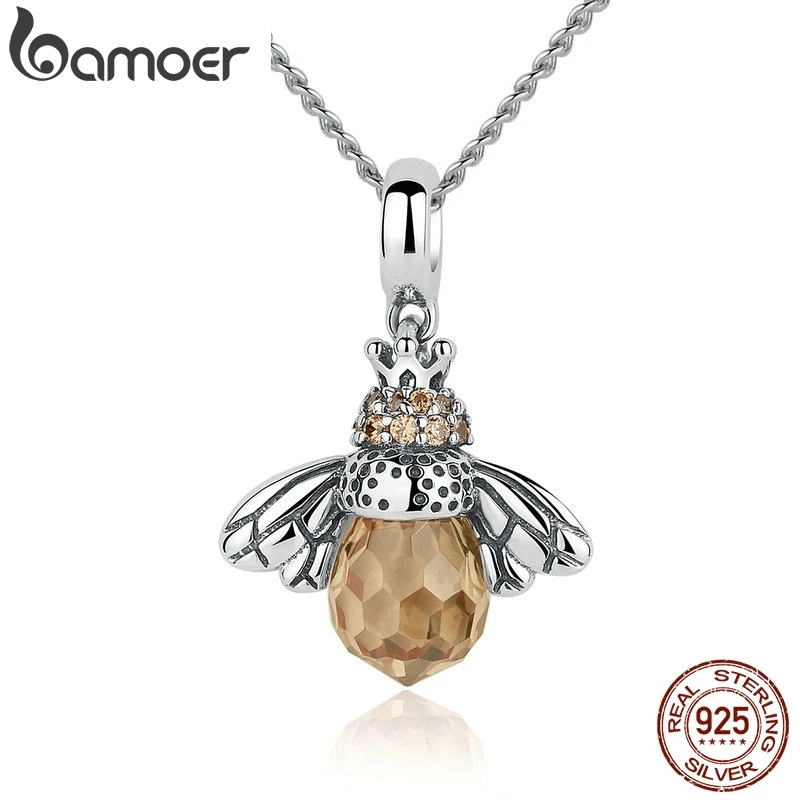 BAMOER 925 пробы серебро Прекрасный оранжевый пчела животных подвески Цепочки и ожерелья для женщин ювелирные украшения CC035