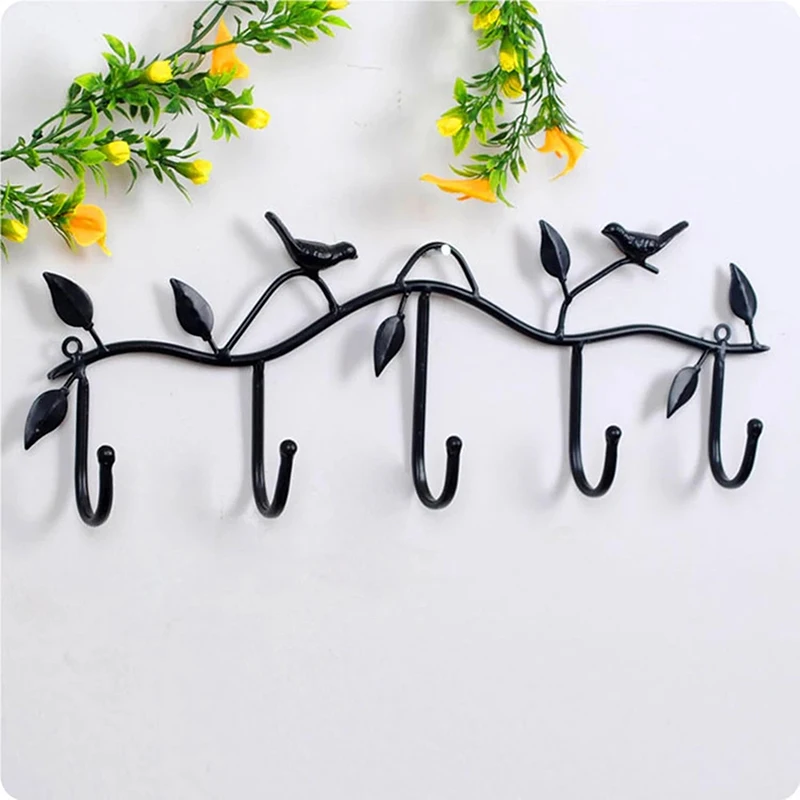 

Retro 5 Hook Wrought Iron Bird Hook Hook Bird Shape Leaf Wall Dress Robe Hook Key Coat Holder Cap Hanger Home Decoration