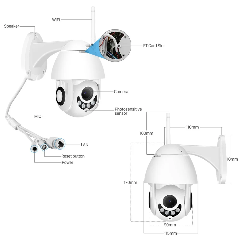 Ip-камера 1080P Беспроводная HD 2MP PTZ WiFi скоростная купольная камера безопасности