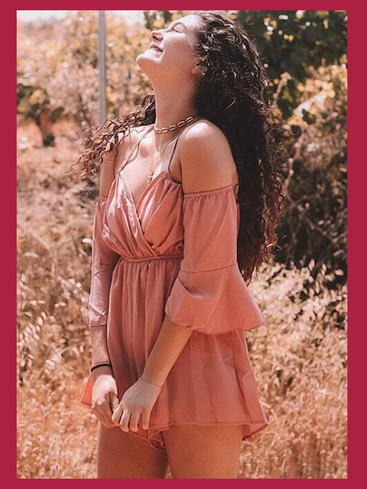 Dotfashion розовый однотонный комбинезон с завязками спереди и открытыми плечами для женщин летний повседневный комбинезон с рукавами-воланами для девушек с высокой талией и широкими штанинами