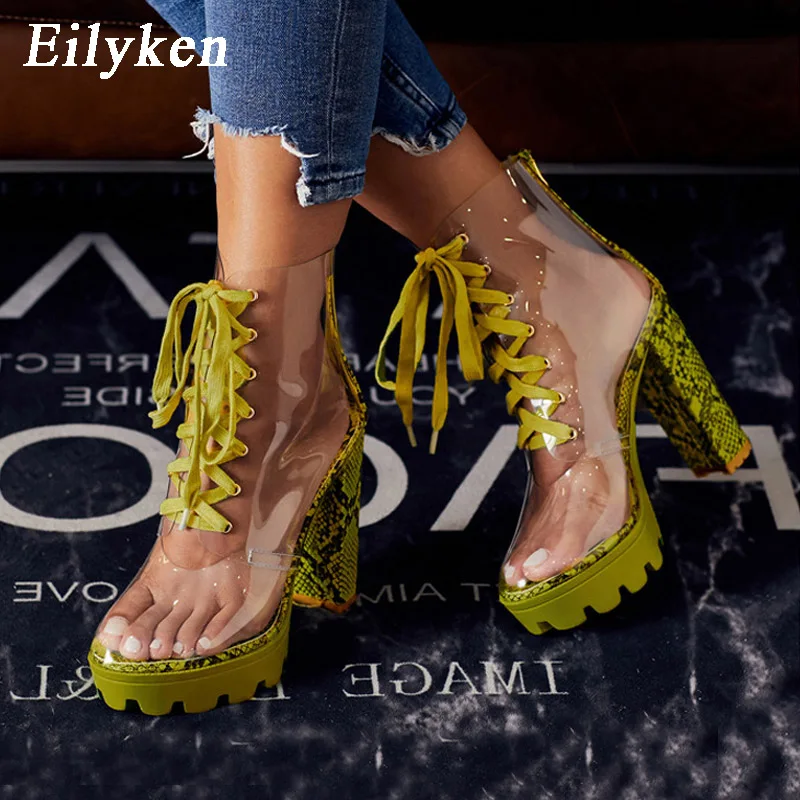 

Eilyken Sexy PVC Transparent Women Boots Sandals Fashion Lace-Up Serpentine Round Toe Platform Chunky High Heels Shoes