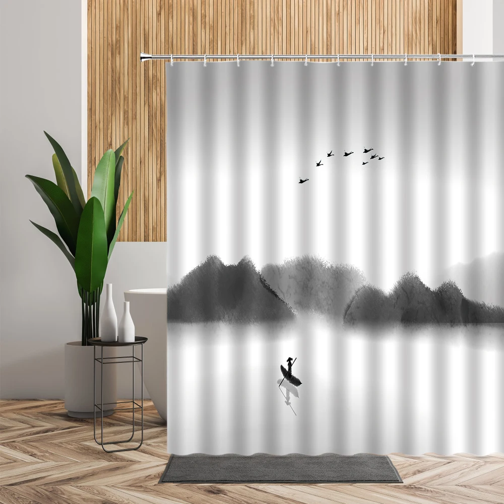chinese ink landscape shower curtain set forest mountain 3d abstract bathroom decor polyester fabric bathtub curtains with hooks free global shipping