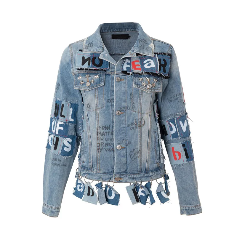 

2021 Spring and Autumn New Letters Denim Jacket Rivet Iron Ring Stitching Trendy Punk Short Style Coats Y616