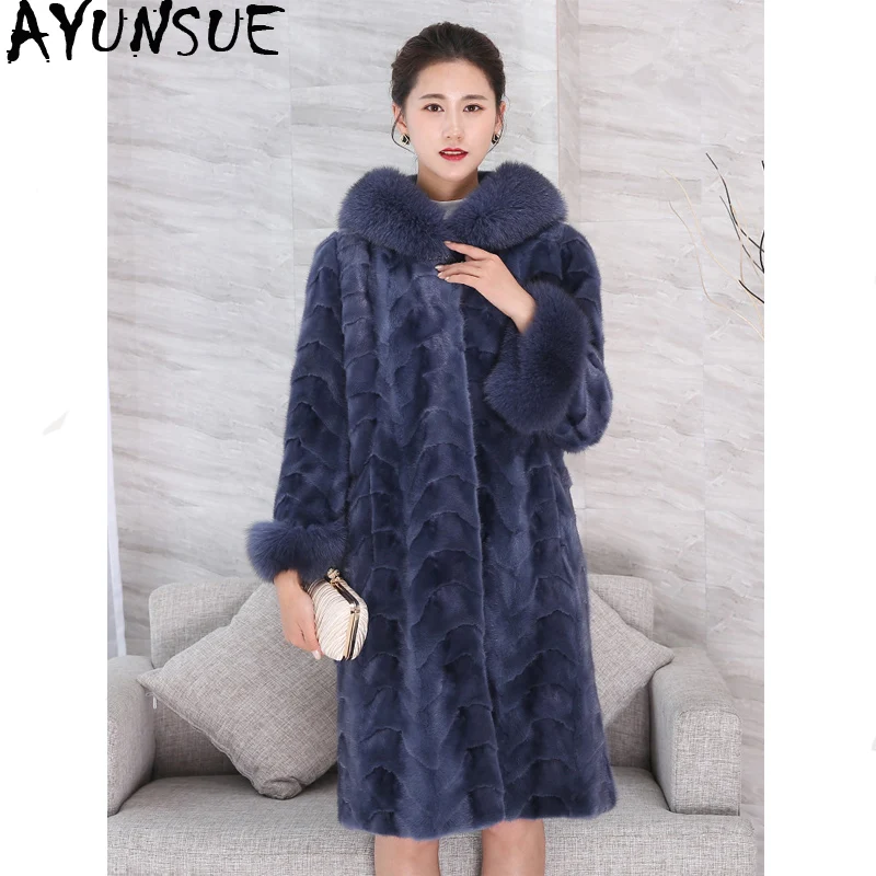

AYUNSUE Real Mink Coat Female Luxury Natural Fur Coats Winter Jacket Women Fox Fur Collar Warm Long Jackets Manteau Femme MY4166