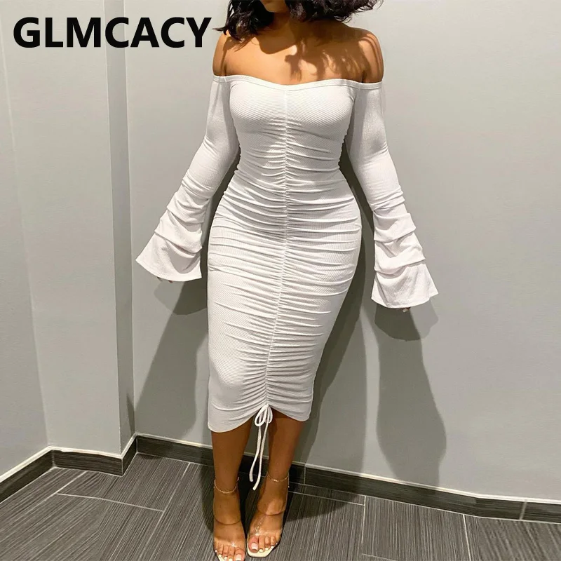 

FAKUNTN Women Flare Sleeve Off Shoulder Bodycon Dress