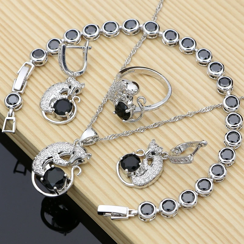 

Cute Animal 925 Silver Jewelry Sets Black Cubic Zirconia For Women Party Earrings Rings Fox Jewelry Kits